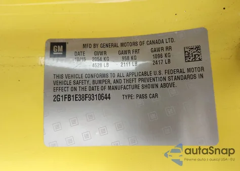 2015 Chevrolet Camaro 2Ls z USA, uszkodzony, nr VIN 2G1FB1E38F9310644